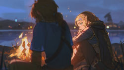 Rule 34 | 1boy, 1girl, alzi xiaomi, belt, blonde hair, blurry, blurry background, blush, braid, campfire, cape, chinese commentary, closed mouth, commentary request, earrings, fire, from behind, green eyes, hair ornament, hairclip, highres, jewelry, link, long hair, looking at another, medium hair, nintendo, outdoors, pointy ears, princess zelda, signature, sitting, smile, the legend of zelda, the legend of zelda: breath of the wild, the legend of zelda: tears of the kingdom, upper body