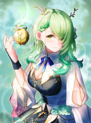 Rule 34 | 1girl, antlers, apple, bad id, bad pixiv id, blue ribbon, braid, branch, breasts, ceres fauna, cleavage, earrings, flower, food, fruit, gold trim, golden apple, gradient hair, green background, green hair, hair flower, hair ornament, highres, hololive, hololive english, horns, jewelry, large breasts, lens flare, long hair, looking at viewer, mole, mole under eye, multicolored hair, ribbon, smile, solo, u kyoumaru, virtual youtuber, yellow eyes