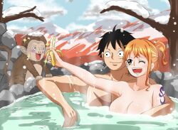 Rule 34 | 1boy, 1girl, banana, bath, bathing, breasts, cleavage, couple, cuddling, curvy, food, fruit, highres, large breasts, monkey, monkey d. luffy, muscular, muscular male, nami (one piece), nude, one eye closed, one piece, onsen, rpca sho, scar, smile, snow, tattoo, tree