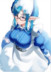 Rule 34 | 1girl, apron, blue hair, blue horns, breasts, collared dress, dragon girl, dragon horns, dress, feet out of frame, frilled apron, frills, glasses, hat, highres, horns, large breasts, long sleeves, maid, maid headdress, melusine (housamo), mob cap, pink eyes, pointy ears, puffy long sleeves, puffy sleeves, short hair, smile, solo, tokyo houkago summoners, white background, zeroru1111