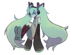 Rule 34 | 1girl, android, black footwear, black sleeves, closed mouth, collared dress, detached sleeves, dress, floating, green eyes, green hair, green necktie, grey dress, hair between eyes, hair ornament, hatsune miku, headphones, highres, knees up, long hair, looking at viewer, mangohcake, necktie, see-through, see-through sleeves, simple background, sleeveless, sleeveless dress, sleeves past fingers, sleeves past wrists, solo, twintails, very long hair, vocaloid, white background