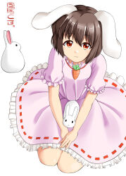 Rule 34 | 1girl, :3, absurdres, animal ears, brown hair, carrot necklace, closed mouth, commentary request, dress, flat chest, floppy ears, frilled dress, frilled sleeves, frills, full body, hair between eyes, highres, imai kusu, inaba tewi, jewelry, looking at viewer, necklace, orange eyes, pink dress, rabbit, rabbit ears, rabbit girl, ribbon-trimmed dress, seiza, short hair, simple background, sitting, smile, solo, touhou, white background