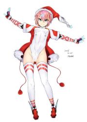 Rule 34 | &gt;:), 1girl, dated, full body, green eyes, groin, hat, highres, leotard, looking at viewer, original, pink hair, santa hat, short hair, sigama, simple background, smile, solo, thighhighs, v-shaped eyebrows, white background, white thighhighs