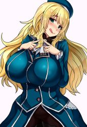 Rule 34 | 10s, 1girl, atago (kancolle), beret, blonde hair, blush, breasts, curvy, dress, fingers together, green eyes, hat, huge breasts, kantai collection, licking lips, long hair, looking at viewer, pantyhose, simple background, smile, solo, tongue, tongue out, upper body, wide hips, yukinojou yakan