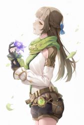 Rule 34 | 1girl, absurdres, belt pouch, braid, brown pants, feet out of frame, fingerless gloves, flower, genshin impact, gloves, green eyes, highres, leaf, minzu u, multicolored hair, pants, pouch, rana (genshin impact), ribbon, scarf, short shorts, shorts, sleeves past wrists, vision (genshin impact), white background