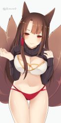 Rule 34 | 1girl, akagi (azur lane), animal ears, azur lane, bikini, black sweater, blush, breasts, brown hair, cleavage, closed mouth, clothes lift, cowboy shot, fox ears, fox tail, grey background, hands up, highres, kitsune, large breasts, lifting own clothes, long sleeves, looking at viewer, mismatched bikini, multiple tails, red bikini, red eyes, simple background, skindentation, smile, solo, standing, sweater, sweater lift, swimsuit, tail, thigh gap, thighs, white bikini