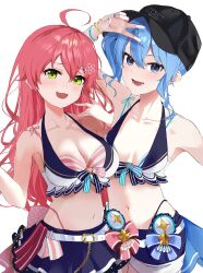 Rule 34 | 2girls, :3, :d, ahoge, arm up, aya02ka, belt, black baseball cap, blue eyes, blue garter straps, blue hair, blue nails, blue ribbon, blue shorts, blue stripes, bow, bow skirt, bra, breasts, breasts apart, chain, cleavage, collarbone, commentary request, dot nose, earrings, flower, gold bracelet, gold chain, green eyes, hair between eyes, hair flower, hair ornament, hair over shoulder, hand in own hair, hand out of frame, hands up, head tilt, highres, hololive, horizontal-striped clothes, hoshimachi suisei, jewelry, large breasts, light blush, long hair, looking at viewer, lower teeth only, medium breasts, multicolored bra, multicolored clothes, multiple girls, nail polish, navel, official alternate costume, open mouth, pink garter straps, pink hair, pink nails, pink ribbon, pink stripes, pleated skirt, polka dot, polka dot bow, polka dot skirt, ribbon, sakura miko, shorts, side ponytail, single bare shoulder, single earring, skirt, smile, star (symbol), star earrings, striped clothes, teeth, underwear, v, vertical-striped clothes, virtual youtuber, white background, white belt