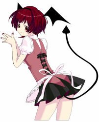 Rule 34 | 1girl, alternate hairstyle, bad id, bad pixiv id, bat wings, demon tail, embodiment of scarlet devil, female focus, head wings, koakuma, panties, red eyes, red hair, short hair, simple background, solo, striped clothes, striped panties, tail, touhou, underwear, white background, wings