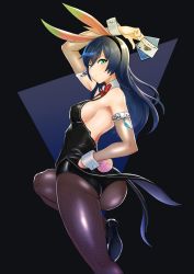 Rule 34 | 1girl, @ @, animal ears, ass, bare shoulders, black pantyhose, blue hair, blush, bow, breasts, card, cleavage, commentary request, detached collar, detached sleeves, fake animal ears, green eyes, hair between eyes, hairband, hand on own chest, highres, holding, holding card, large breasts, leotard, long hair, looking at viewer, maria traydor, nail polish, open mouth, pantyhose, pink nails, playboy bunny, rabbit ears, red bow, riku (ukir125), simple background, smile, solo, standing, star ocean, star ocean anamnesis, star ocean till the end of time, sweatdrop