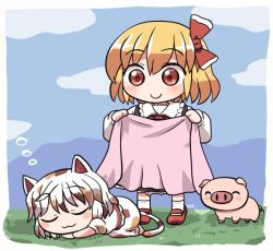 Rule 34 | 2girls, :3, ^ ^, animal ears, blanket, blonde hair, blue sky, border, bow, calico, cat ears, closed eyes, closed mouth, cloud, closed eyes, goutokuji mike, grass, hair bow, holding, holding blanket, long sleeves, looking at another, maneki-neko, multicolored clothes, multicolored hair, multicolored shirt, multicolored skirt, multicolored tail, multiple girls, outdoors, pig, red bow, red eyes, red footwear, red neckwear, rokugou daisuke, rumia, short hair, short sleeves, skirt, sky, sleeping, smile, standing, streaked hair, tail, touhou, touhou cannonball, white border, white hair, white legwear