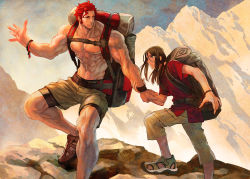 Rule 34 | 2boys, alexander (fate), alternate hairstyle, azuma toh, backpack, bag, bracelet, cargo pants, fate/zero, fate (series), green eyes, grey eyes, hair between eyes, highres, hiking, holding own arm, iskandar (fate), jewelry, lord el-melloi ii case files, male focus, mountain, multiple boys, muscular, aged up, pants, ponytail, red eyes, red hair, sandals, sideburns, sidelocks, topless male, vacation, waver velvet, wristband
