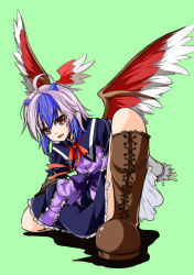 Rule 34 | 1girl, ahoge, bird wings, blue hair, boots, capelet, cross-laced footwear, foreshortening, head wings, horns, long sleeves, minase tamaki, open mouth, pink eyes, sash, shirt, silver hair, simple background, skirt, smile, solo, tokiko (touhou), touhou, wings