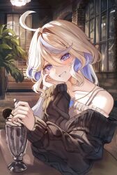 Rule 34 | 1girl, absurdres, alternate costume, bare shoulders, black sweater, blue eyes, commentary, dasha, furina (genshin impact), genshin impact, grin, hair intakes, highres, indoors, jewelry, long hair, long sleeves, looking at viewer, pendant, smile, solo, sweater, upper body, white hair