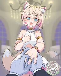 animal_ear_fluff animal_ears bare_shoulders blonde_hair blue_eyes chandelier dog_ears dog_girl dog_tail dress highres hololive hololive_english indoors jewelry marriage_proposal mococo_abyssgard moral_cacoethes multicolored_hair open_mouth pink_hair putting_on_jewelry ring streaked_hair tail tail_wagging virtual_youtuber watch wedding_ring window wristwatch