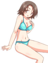 Rule 34 | 10s, 1girl, arm support, blue bra, blue panties, blush, bra, breasts, brown eyes, brown hair, cleavage, girls und panzer, kikuchi tsutomu, looking at viewer, medium breasts, open mouth, panties, parted bangs, sawa azusa, short hair, simple background, sitting, smile, solo, strap pull, underwear, underwear only, white background