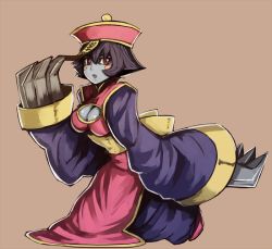 Rule 34 | 1girl, bad id, bad pixiv id, blush stickers, breasts, brown background, capcom, chinese clothes, claws, cleavage, cleavage cutout, clothing cutout, dark-skinned female, dark skin, flipped hair, hat, jiangshi, lei lei, long sleeves, looking at viewer, nosuku, ofuda, purple hair, qingdai guanmao, red eyes, simple background, solo, vampire (game)