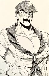 Rule 34 | 1boy, aizen (housamo), angry, badge, bara, blush, bracelet, brown background, button badge, commentary request, furrowed brow, hat, highres, holding riding crop, jewelry, large pectorals, long sideburns, looking at viewer, male focus, monochrome, muscular, muscular male, neckerchief, open mouth, pectoral cleavage, pectorals, r8y6y, scout uniform, short hair, sideburns, simple background, solo, thick eyebrows, tokyo houkago summoners, upper body, veins, veiny hands
