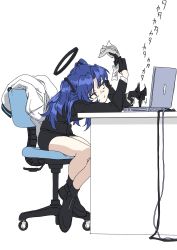 Rule 34 | 1girl, black gloves, blue archive, blue hair, bored, cable, chair, computer, desk, gloves, halo, highres, holding, holding paper, jacket, laptop, long hair, office chair, paper, sitting, sunomono, swivel chair, typing, unworn jacket, white background, white jacket, yuuka (blue archive)