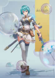 Rule 34 | 1girl, absurdres, aqua hair, artist name, belt, blue eyes, boots, bracelet, brown footwear, bubble, character name, clacia, full body, gauntlets, has bad revision, highres, holding, holding sword, holding weapon, jewelry, looking at viewer, md5 mismatch, original, pouch, resolution mismatch, sheath, sketch, solo, source smaller, standing, sword, thighhighs, weapon, white thighhighs, yuho (goodtest)