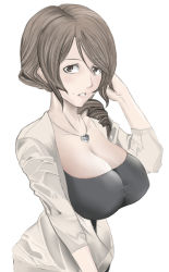 Rule 34 | 1girl, armored core, armored core 2, bad id, bad pixiv id, breasts, brown eyes, brown hair, cleavage, drill hair, from software, huge breasts, jewelry, kawaguchi yukihiro, mature female, mature female, mole, mole above mouth, necklace, nell aulter, shirt, solo