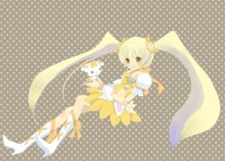 Rule 34 | 10s, 1girl, bad id, bad pixiv id, blonde hair, blush, boots, bow, brooch, choker, creature, cure sunshine, dress, earrings, flower, full body, green eyes, grey background, hair ribbon, heart, heart brooch, heartcatch precure!, high heels, jewelry, knee boots, long hair, magical girl, mascot, midriff, myoudouin itsuki, orange bow, potpourri (heartcatch precure!), precure, ribbon, shoes, simple background, skirt, smile, twintails, two-tone background, witch1130, yellow bow, yellow skirt