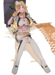 Rule 34 | 1girl, abs, bandeau, belt, blonde hair, boots, breasts, cropped jacket, flag, full body, girls&#039; frontline, gloves, high heel boots, high heels, highres, large breasts, long hair, m2hb (cheers on the blazing tarmac) (girls&#039; frontline), m2hb (girls&#039; frontline), midriff, multicolored clothes, multicolored skirt, navel, official alternate costume, one eye closed, orange gloves, red eyes, sitting, skirt, smile, solo, thigh boots, tongue, tongue out, two-tone gloves, v, weapon case, white background, white gloves, yongsadragon