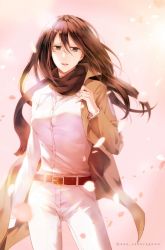 Rule 34 | 1girl, alternate hairstyle, bad id, bad pixiv id, belt, belt buckle, black belt, black eyes, black scarf, blurry, blurry foreground, breasts, brown hair, brown jacket, buckle, cherry blossoms, clothes down, collared shirt, cowboy shot, dress shirt, floating hair, hair between eyes, highres, jacket, long hair, long sleeves, looking at viewer, medium breasts, mikasa ackerman, open clothes, open jacket, open mouth, pants, sakuragawanaa, scarf, shingeki no kyojin, shirt, solo, standing, twitter username, white pants, white shirt, wing collar