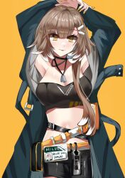 Rule 34 | 1girl, :p, arknights, armpits, arms up, bandeau, bare shoulders, belt, black choker, blue jacket, blue sealad, breasts, brown hair, choker, cleavage, cowboy shot, firewhistle (arknights), highres, id card, jacket, large breasts, long sleeves, looking at viewer, midriff, navel, off shoulder, open clothes, open jacket, short hair, simple background, smile, solo, standing, stomach, strapless, tongue, tongue out, tube top, yellow background, yellow belt, yellow eyes