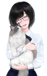 Rule 34 | 1girl, akito1218, animal, black bow, black bowtie, black hair, black skirt, bow, bowtie, cat, closed eyes, facing viewer, glasses, highres, holding, holding animal, long sleeves, open mouth, original, ragdoll (cat), school uniform, short hair, simple background, skirt, smile, solo, white background