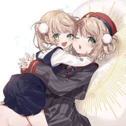 Rule 34 | 2girls, beret, blue dress, blush, cheek-to-cheek, commentary request, dress, dual persona, green eyes, grey skirt, hair ornament, hair rings, hat, heads together, highres, hug, indie virtual youtuber, jacket, light brown hair, looking at viewer, lying, lying on person, multiple girls, on back, one eye closed, open mouth, pinstripe jacket, pinstripe pattern, pom pom (clothes), pom pom hair ornament, red sailor collar, sailor collar, sake (utopia modoki), shigure ui (vtuber), shigure ui (vtuber) (1st costume), shigure ui (vtuber) (young), shirt, short hair, skirt, smile, striped clothes, striped jacket, striped skirt, time paradox, vertical-striped clothes, vertical-striped jacket, vertical-striped skirt, virtual youtuber, white shirt