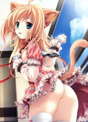 Rule 34 | 1girl, absurdres, ahoge, animal ears, blonde hair, blue eyes, breasts, cat ears, cat tail, frills, from behind, highres, huge filesize, medium breasts, miyama-zero, miyami-zero, nipples, no panties, open clothes, open shirt, shirt, solo, tail, thighhighs, tongue, upskirt