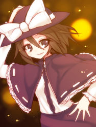 Rule 34 | 1girl, black hat, bow, brown eyes, brown hair, capelet, hat, hat bow, holding, holding clothes, holding hat, kuresento, solo, sweatdrop, touhou, usami renko
