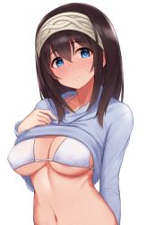 Rule 34 | 1girl, bikini, bikini under clothes, blue eyes, blush, breasts, brown hair, cleavage, closed mouth, clothes lift, collarbone, grey hairband, grey sweater, hair between eyes, hairband, hand on own chest, idolmaster, idolmaster cinderella girls, large breasts, lifting own clothes, long hair, looking at viewer, navel, sagisawa fumika, simple background, smile, solo, stomach, sweater, sweater lift, swimsuit, tomajiyama, upper body, white background, white bikini