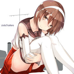 Rule 34 | 10s, 1girl, breasts, brown eyes, brown hair, detached sleeves, hairband, head tilt, hugging own legs, kantai collection, large breasts, looking at viewer, natori (kancolle), school uniform, serafuku, short hair, sitting, skirt, smile, solo, sts, thighhighs, twitter username, white background, white thighhighs