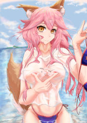 Rule 34 | 1girl, absurdres, animal ear fluff, animal ears, artist request, bikini, blue bikini, breasts, fate/grand order, fate (series), fox ears, fox girl, fox tail, groin, highres, large breasts, looking at viewer, nipples, ocean, partially submerged, pink hair, see-through, shirt, side-tie bikini bottom, sitting, solo, swimsuit, t-shirt, tail, tamamo (fate), tamamo no mae (fate/extra), tamamo no mae (swimsuit lancer) (fate), tamamo no mae (swimsuit lancer) (second ascension) (fate), water, wet, wet clothes, wet shirt
