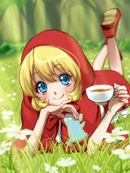 Rule 34 | 1girl, :q, bad id, bad pixiv id, blonde hair, blue eyes, blush, bulleta, capcom, capelet, cookie, cup, dress, flower, food, forest, galibo, grass, green background, happy, head rest, hood, looking at viewer, lying, nature, on grass, on stomach, outdoors, red dress, shoes, short hair, solo, tea, teacup, the pose, tongue, tongue out, vampire (game)