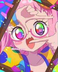 Rule 34 | 1girl, :3, :d, absurdres, blush, colorful, commentary request, eye reflection, finger frame, glasses, hands up, highres, kiki ajimi, long hair, looking at viewer, mtblue plus, multicolored eyes, open mouth, picture frame, pink-framed eyewear, pink hair, portrait, pretty series, pripara, reflection, shikyoin hibiki, smile, solo, twitter username