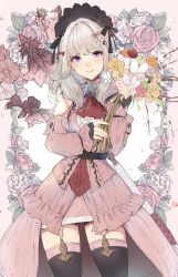 Rule 34 | 1girl, black thighhighs, blonde hair, blush, bouquet, character request, clothing cutout, commentary, dress, final fantasy, final fantasy xiv, flower, highres, holding, holding bouquet, long hair, mokokoiro, pink dress, pink nails, purple eyes, shoulder cutout, smile, solo, symbol-only commentary, thighhighs