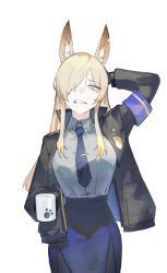 Rule 34 | 1girl, absurdres, animal ear fluff, animal ears, arm up, armband, black gloves, black jacket, blonde hair, blue archive, blue eyes, blue necktie, blue skirt, breasts, clenched teeth, collared shirt, cowboy shot, cup, gloves, hair over one eye, hand on own head, highres, holding, holding cup, jacket, kanna (blue archive), long hair, long sleeves, looking at viewer, lucadark art, medium breasts, necktie, notched ear, open clothes, open jacket, sharp teeth, shirt, shirt tucked in, simple background, skirt, solo, teeth, white background