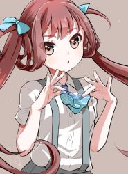 Rule 34 | 1girl, adjusting bow, asagumo (kancolle), bow, bowtie, brown hair, commentary request, kantai collection, long hair, looking at viewer, parted lips, pleated skirt, school uniform, grey eyes, simple background, skirt, solo, suspenders, twintails, yuzuki yuno