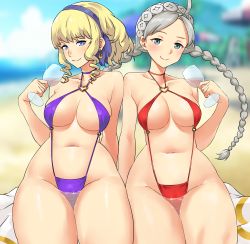 Rule 34 | 2girls, absurdres, ahoge, alternate costume, bikini, blonde hair, blue eyes, braid, breasts, constance von nuvelle, cup, drinking glass, fire emblem, fire emblem: three houses, fire emblem fates, fire emblem heroes, hairband, highres, igni tion, large breasts, long hair, looking at viewer, medium hair, multiple girls, nina (fire emblem), nintendo, one-piece swimsuit, purple one-piece swimsuit, red bikini, red one-piece swimsuit, resolution mismatch, silver hair, source smaller, swimsuit, twin braids, wakamezake, wine glass