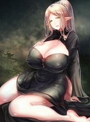 Rule 34 | 1girl, barefoot, black dress, black sleeves, blonde hair, braid, braided bun, breasts, bridal gauntlets, cleavage, cleavage cutout, clothing cutout, commentary, covered erect nipples, crystal earrings, dress, earrings, elf, gem, grass, green eyes, hair bun, hand on own chest, highres, huge breasts, jewelry, large areolae, long hair, long sleeves, looking at viewer, on ground, original, outdoors, parted bangs, parted lips, pointy ears, side slit, sidelocks, sitting, solo, very long hair, wariza, zeni (mxyz7532)