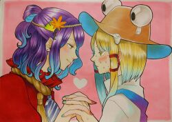 Rule 34 | 2girls, autumn leaves, blonde hair, blush, bow, brown headwear, earrings, extra eyes, frilled shirt, frilled shirt collar, frills, frog girl, green nails, hair bow, hair ornament, hairband, hat, heart, highres, holding, holding hands, horizontal pupils, jewelry, leaf, leaf hair ornament, leaf on head, light smile, looking at another, medium hair, mirror, moriya suwako, multiple girls, nail polish, necklace, nervous, nervous sweating, pink background, puffy sleeves, purple hair, purple vest, red bow, red eyes, red nails, red shirt, rope, rope necklace, saliva, shimenawa, shirt, sidelocks, simple background, single earring, slit pupils, smile, sweat, sweatdrop, sweater, tassel, touhou, traditional media, turtleneck, turtleneck sweater, two-tone background, vest, wavy hair, white background, white sweater, whoru, yasaka kanako, yellow eyes, yuri