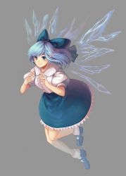 Rule 34 | 1girl, alternate costume, bad id, bad pixiv id, blue eyes, blush, bobby socks, bow, cirno, hair bow, ice, mary janes, puffy short sleeves, puffy sleeves, shoes, short sleeves, silence girl, skirt, smile, socks, solo, touhou, wings