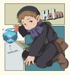 Rule 34 | 1boy, :3, acnhiti, belt pouch, black hat, blue scarf, brown footwear, brown hair, character name, commentary request, dungeon meshi, english text, familiar, gnome, hat, highres, holm kranom, looking at viewer, male focus, pouch, scarf, smile, summoning, sweatdrop