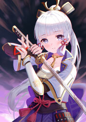 Rule 34 | 1girl, armor, ayaka (genshin impact), blunt bangs, blunt tresses, blush, breastplate, bridal gauntlets, cavcaz, genshin impact, grey eyes, highres, holding, holding sword, holding weapon, jacket, long hair, looking at viewer, neck tassel, parted lips, ponytail, purple jacket, sash, solo, sword, tassel, upper body, vambraces, weapon, white hair