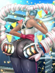 Rule 34 | 1girl, arms (game), artist request, ass, ass grab, bare shoulders, blonde hair, bracelet, breasts, dark-skinned female, dark skin, drill hair, earrings, female focus, from behind, green eyes, highres, hip focus, huge ass, jewelry, leaf, lips, long hair, looking at viewer, looking back, mask, medium breasts, nail polish, pants, shiny clothes, shiny skin, sideboob, smile, solo, tight clothes, tight pants, twin drills, twintelle (arms), very long hair, wide hips