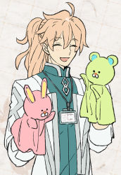 Rule 34 | 1boy, ahoge, bear, chaldea uniform, closed eyes, commentary request, fate/grand order, fate (series), hand puppet, lab coat, lanyard, light blush, long hair, long sleeves, male focus, open mouth, ponytail, puppet, rabbit, romani archaman, smile, solo, upper body, wada arco