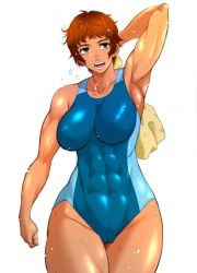 Rule 34 | abs, breasts, brown hair, competition swimsuit, harukaze doujin, large breasts, muscular, muscular female, one-piece swimsuit, short hair, swimsuit, towel