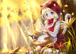 Rule 34 | 1girl, animal ears, apron, bad id, bad pixiv id, baguette, basket, blonde hair, blue eyes, bottle, bow, bowtie, bread, cape, cat ears, cat tail, dress, falling leaves, food, forest, grass, index finger raised, leaf, light rays, little red riding hood, low twintails, nature, open mouth, original, ponytail korosuke, red cape, red dress, red footwear, shirt, shoes, sitting, solo, squirrel, striped, tail, tree, twintails, waist apron, wariza, white legwear, white shirt, wine bottle
